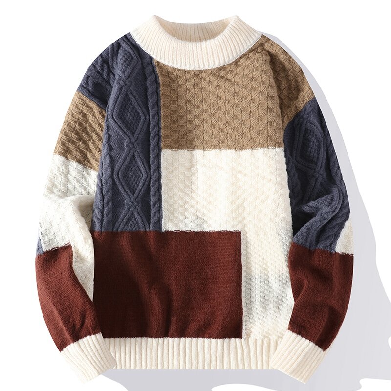 Pull tricoté patchwork pour hommes, pull d'automne, streetwear d'hiver