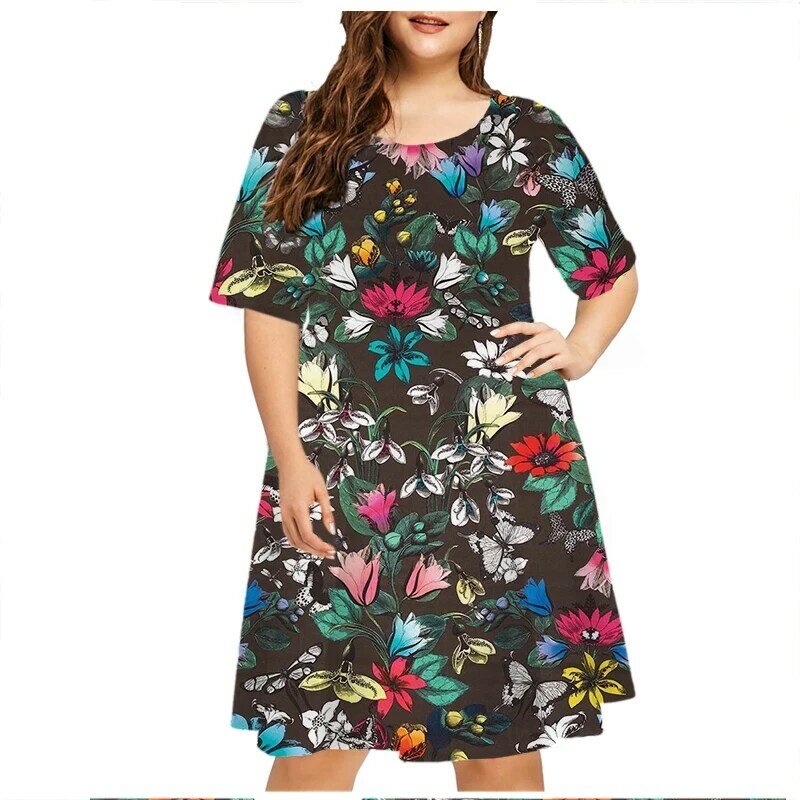 6XL Large Size Dresses Summer Plant Flowers Print Women Plus Size Dress Short Sleeve Casual O-Neck Mini Sundress Ladies Vestidos