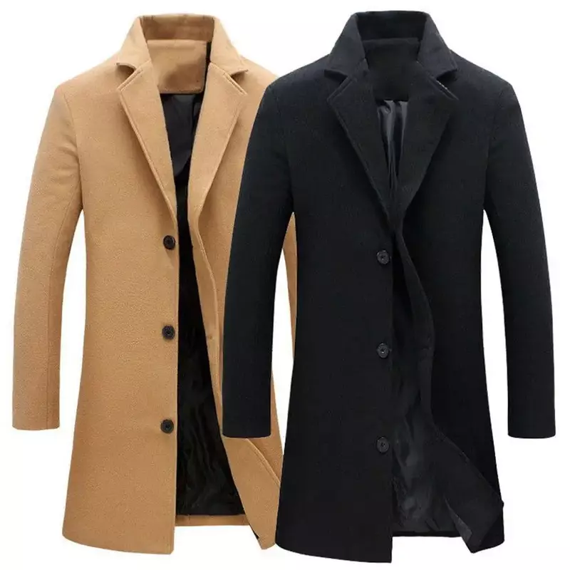 Mantel Wol Pria Fashion Musim Gugur Musim Dingin Mantel Berkancing Sebaris Tunggal Warna Solid Jaket Mantel Panjang Mantel Kasual Ukuran Plus 5 Warna