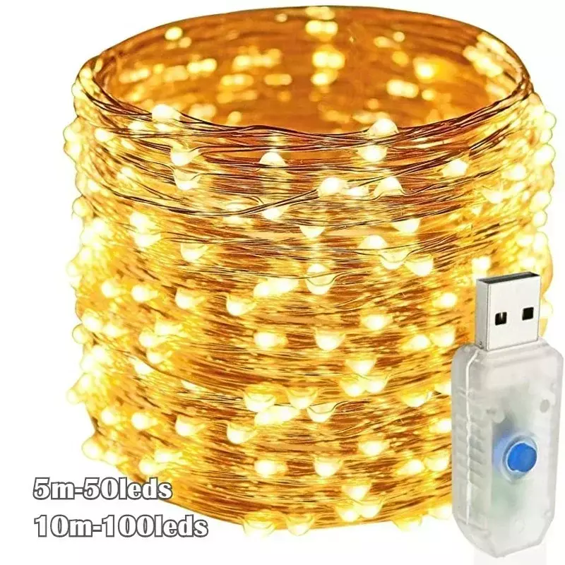 Guirlande lumineuse à lumière LED, fil de cuivre, 8 Modes, 5/10M, USB, féerique, pour noël, mariage, nouvel an, décorations