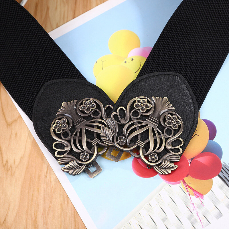 Elegante cinturón negro elástico con hebilla de Metal para mujer, cinturilla ancha para vestido, abrigos, fajas de ocio, cinturón de moda