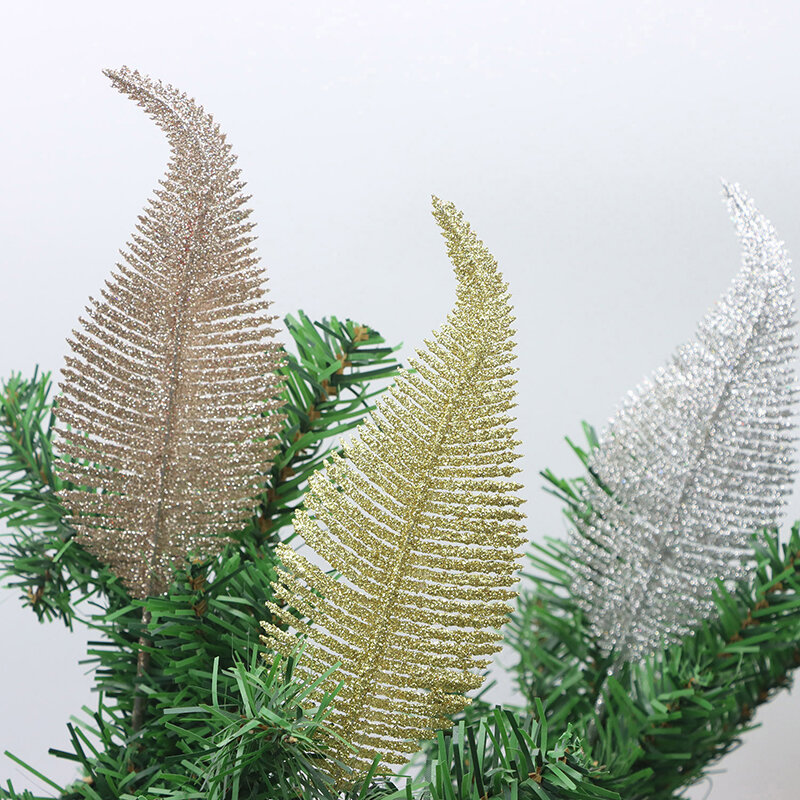 Glitter Feather Artificial Leaves Clip Xmas Tree Ornament Christmas Party Home Decoration Navidad New Year Wedding Flowers