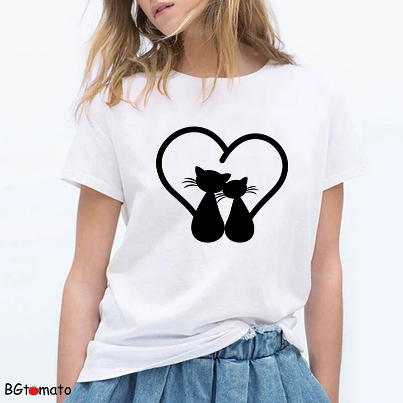 BGtomato-Camiseta con estampado de gato negro, camiseta de alta calidad, top informal, camisetas para parejas de verano, A092