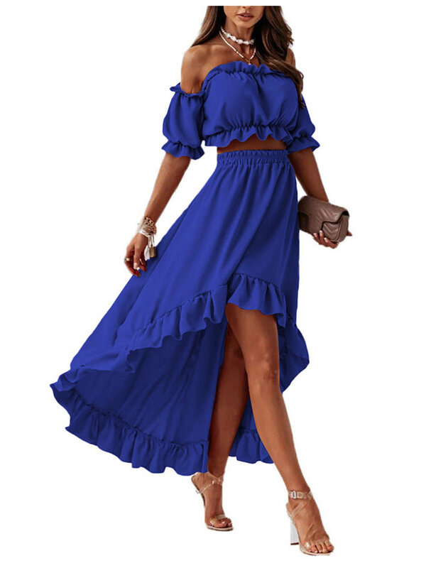 Sexy Off Shoulder Two Piece Set Women Summer Ruffle Backless Outfits Puff Sleeve Strapless Beach Party Skirts 2 Piece Sets Robe