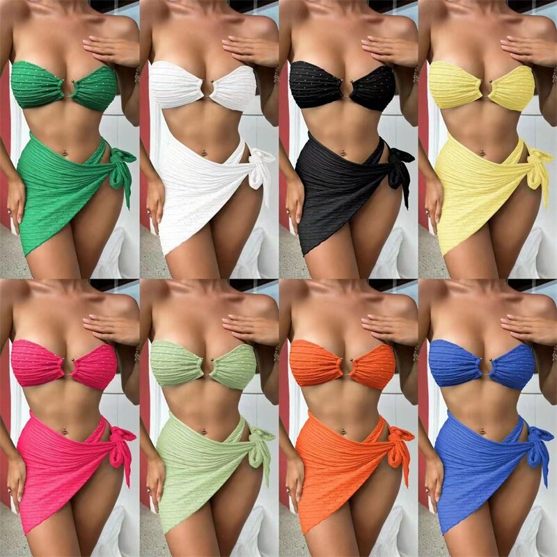3 Piece Sequins Women's Bikini Swimsuit Top+Underwear+Short Mini Prom Dress Summer Party Beach Holiday Skirt Hot Girl Streetwear