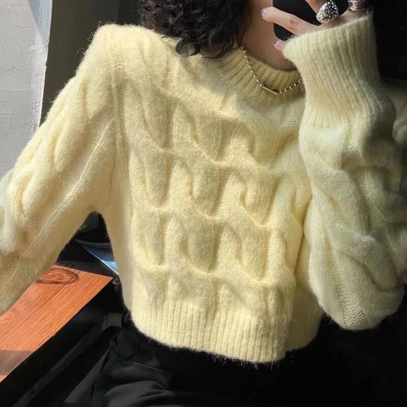 韓国スタイルのショートセーター,女性用ニット,無地,ソフト長袖,ナイトウェア,女性用,オールマッチ,ラウンドネック,ニットセーター