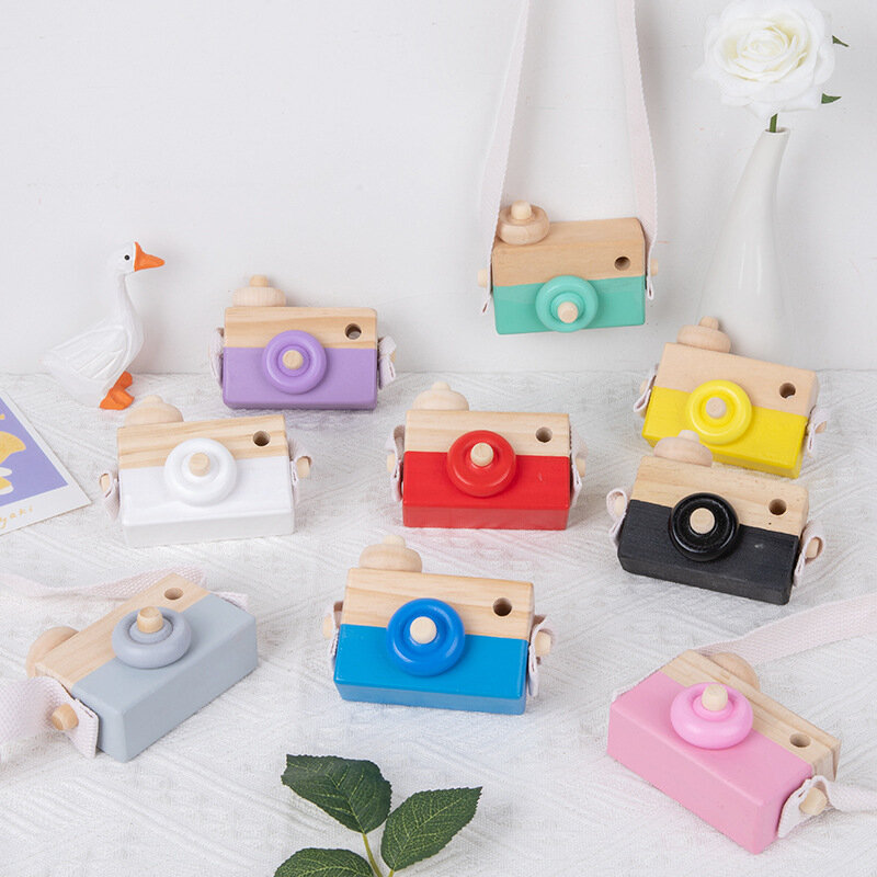 Mini juguete de cámara de madera para niños pequeños, lindo colgante de cuello, ACCESORIOS FOTOGRÁFICOS para regalos de cumpleaños, decoración colgante para habitación