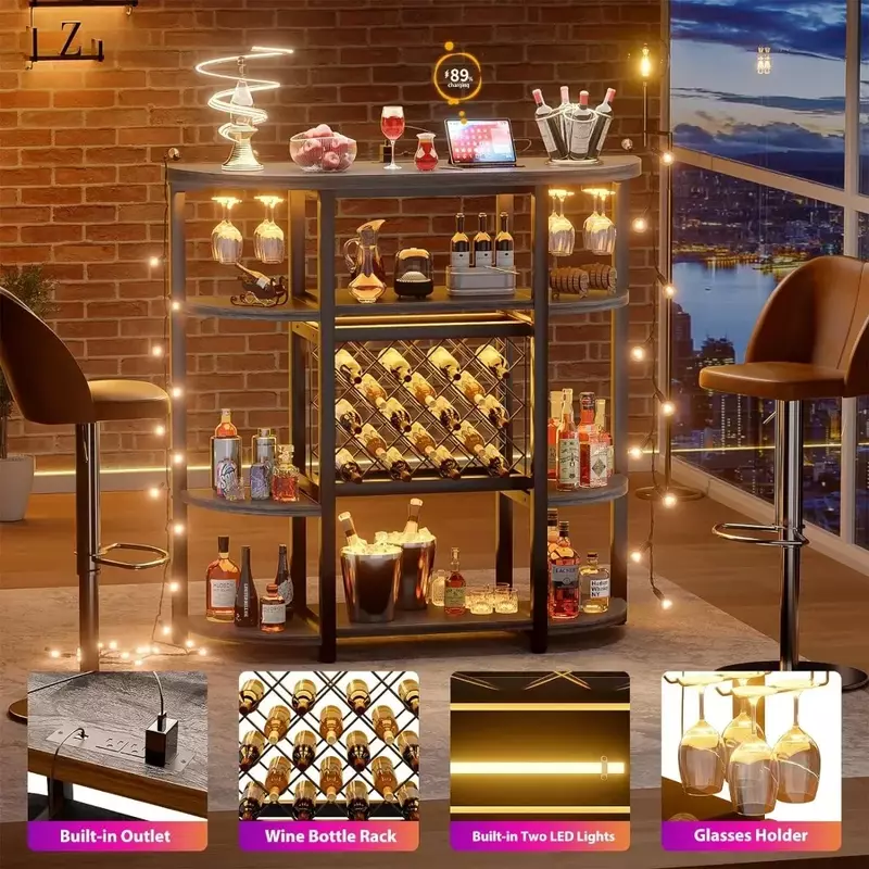 Farmhouse Bar Cabinet com Autoportante Wine Rack, Home Kitchen Wine Bar Cabinet com luzes LED e Power Outlets