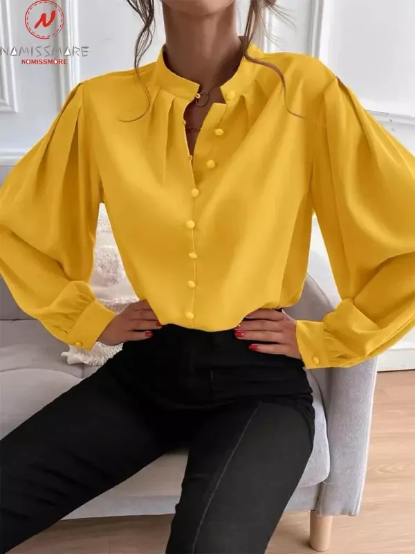 England Stil Frauen Einfarbig Shirts Einreiher Design drehen-unten Kragen Hemd Hülse Beiläufige Lose Strickjacke Top