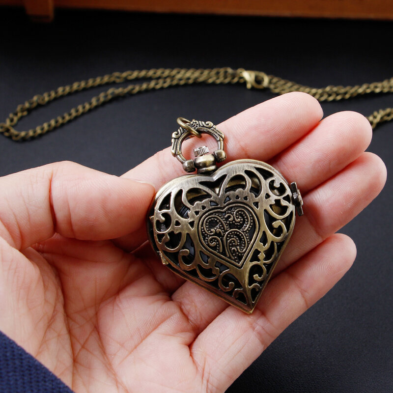 Altmodische Bronze Liebe Herz-geformte Tasche Uhren Anhänger Quarz Uhr mit 80cm Halskette Kette geschenke