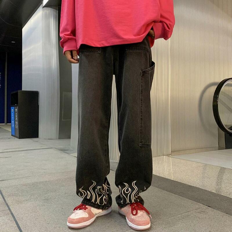 Męskie jeansy ze splicingiem w kształcie płomienia wzorzyste dżinsy męskie z dużymi kieszeniami w trudnej sytuacji z szerokimi nogawkami spodnie jeansowe na wysokie