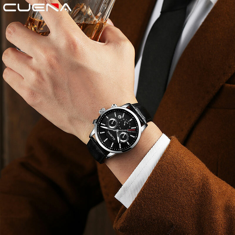 นาฬิกาผู้ชายแฟชั่นระบบโครโนกราฟนาฬิกาควอตซ์สำหรับนาฬิกาสายหนังกันน้ำ