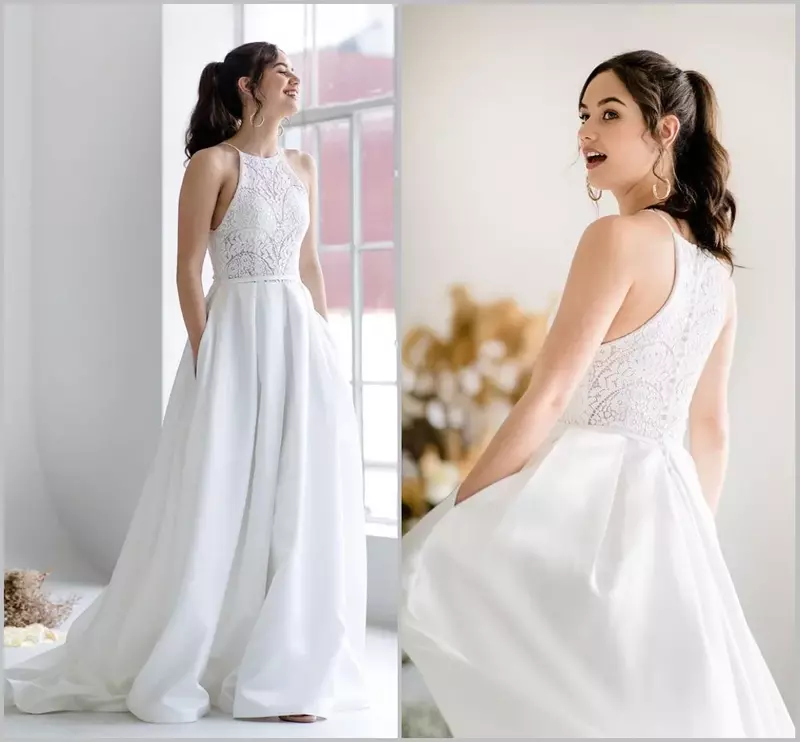 Gaun pengantin tanpa lengan, gaun A-line putih sederhana elegan dengan saku liontin renda Decal fotografi pantai