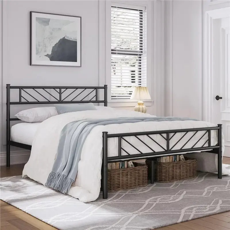 Bed Frame, Justice Metal Platform Bed with Arrow Design, Queen Size, Black, Bed Frames