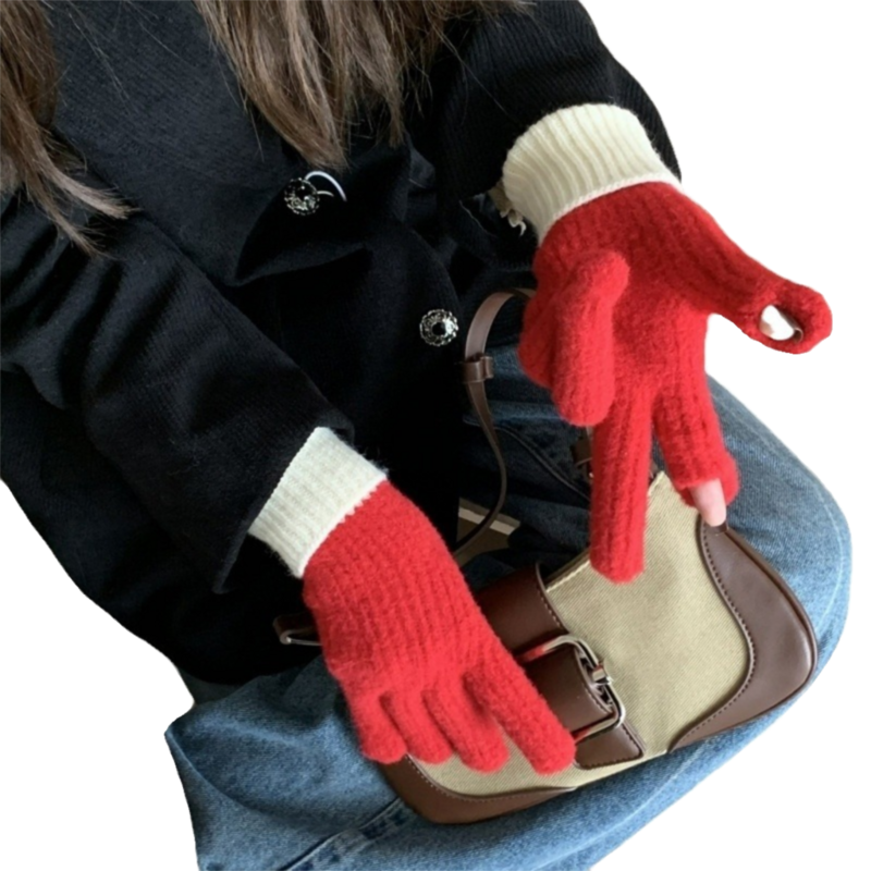 Fashion Contrasting Gloves Touch Screen Knitted Gloves Women Winter Gloves Warm Riding Gloves Work Gloves Mittens For Women
