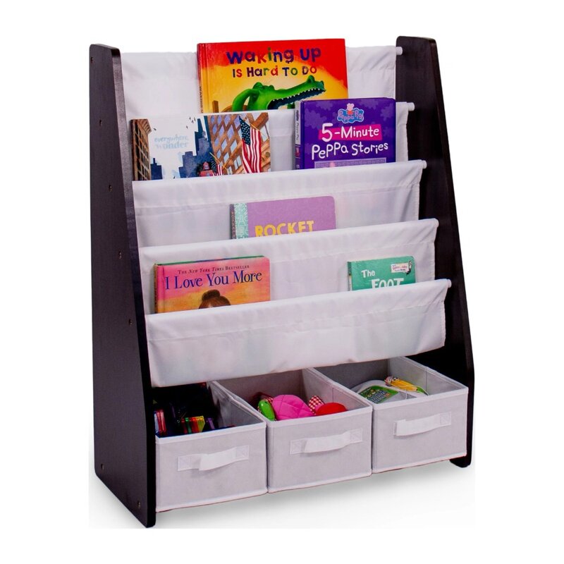 Półka na książki dla dzieci 4 poziomy przechowywania książek i pojemnik na tkaniny, Espresso