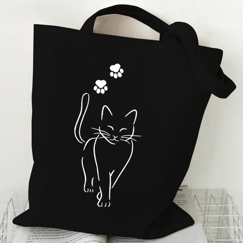 حقيبة حمل قماشية مع طباعة قطة سوداء للنساء ، سعة كبيرة ، حقيبة تسوق كتف للمراهقات ، حقائب كرتون هريرة ، موضة