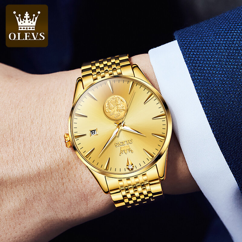 OLEVS Brand Luxury Gold Mechanical Watch for Men Stainless Steel Waterproof Automatic Calendar Business Men Watches Reloj Hombre