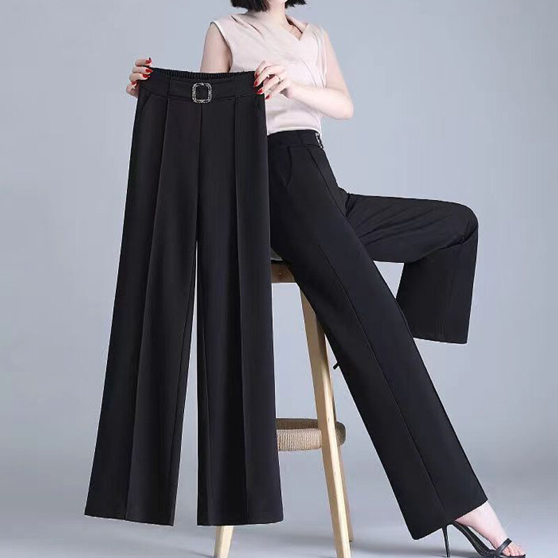 FjWomen-Pantalon taille haute à jambes larges pour femme, ceinture droite imbibée, poches, assressentià tout, mode élégante, bureau, 4XL, printemps, été, 2023