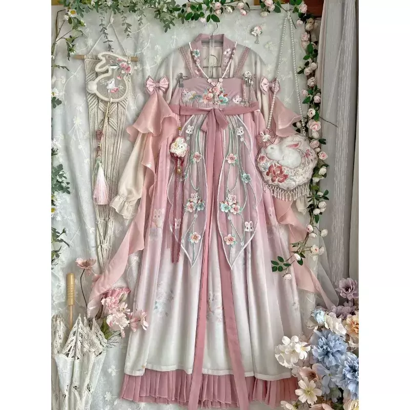Chinesisches Hanfu Kleid Karneval Fee Cosplay Kleid bestickt altes Kostüm rosa lose ärmel ige Fee elegante Frau Tanz kleid