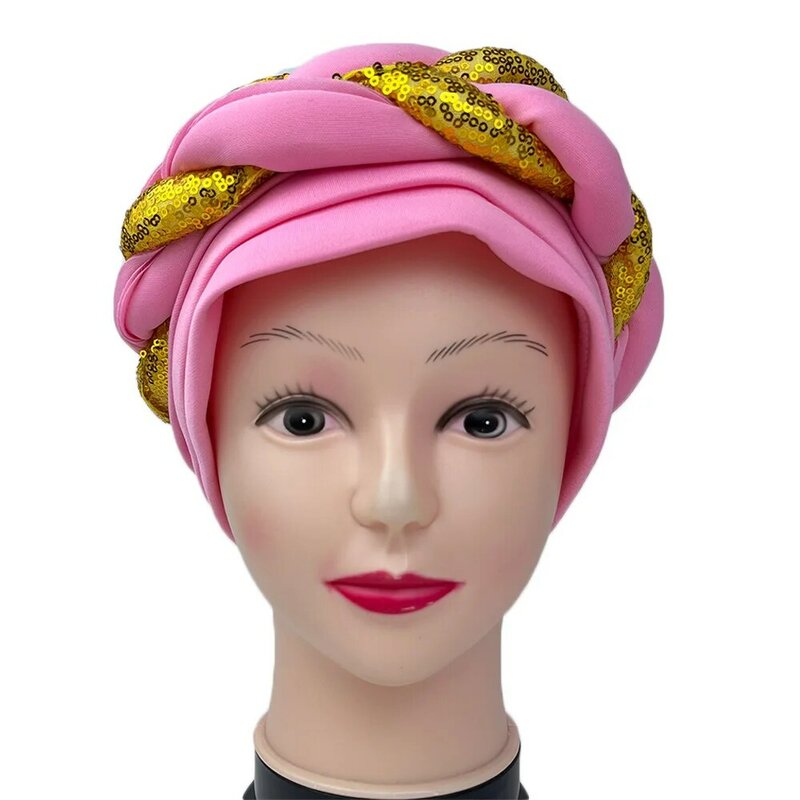 2023 Summer Autumn Elegant African Solid Color Sequined Heatie African Caps Women Hats