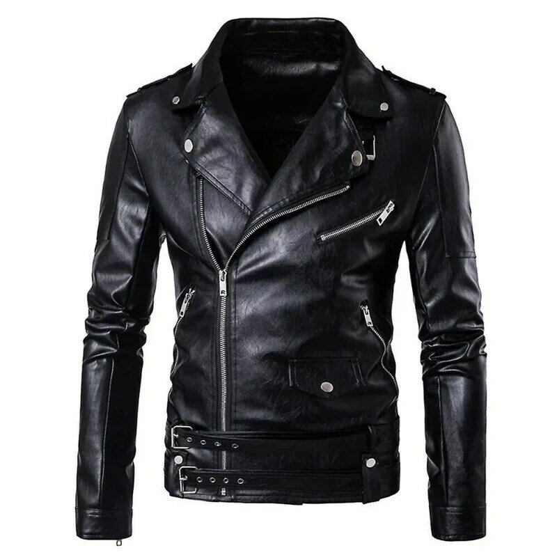 Men's Leather Black Slim Rider Motorcycle Jacket European and American Fashion Trend