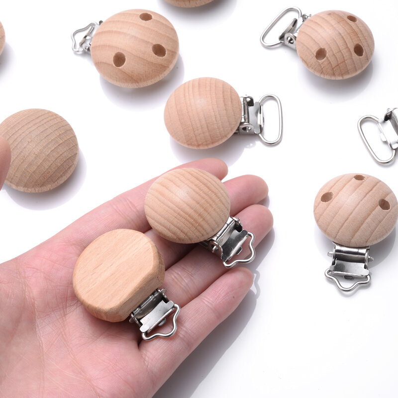 10Pcs Metal Wooden Dummy Nipples Holder Food Grade Chewable Teething Clips DIY Wood Beech Baby Pacifier Chain Nursing Teether