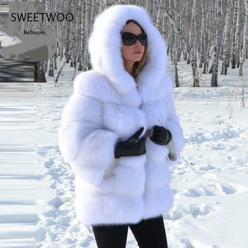 Mantel Bulu Rubah Palsu Hangat Musim Dingin Mantel Bulu Panjang Mewah Wanita dengan Tudung Elegan Kualitas Tinggi Jaket Berbulu Tebal
