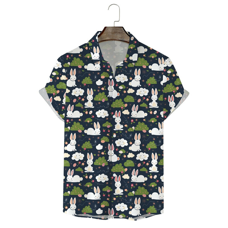 Mens Fashion Casual Personality Easter 3D Digital Printing Rabbit Printing Short Sleeve Shirt T Shirt Party Ethnic slim fit