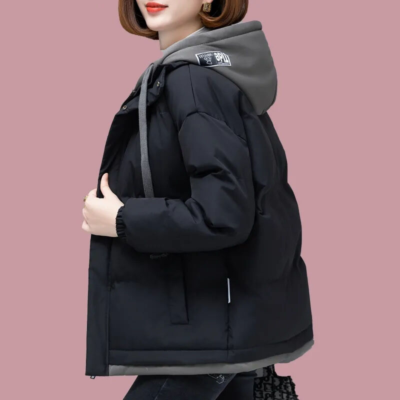 Parka feminina solta casual acolchoada, casaco com capuz de inverno, jaqueta acolchoada de algodão, curta feminina, nova versão coreana, falso, 2 peças, 24