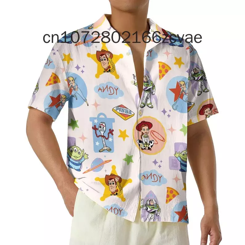 Camisa havaiana masculina e feminina da Disney Toy Story, botão de manga curta, moda casual