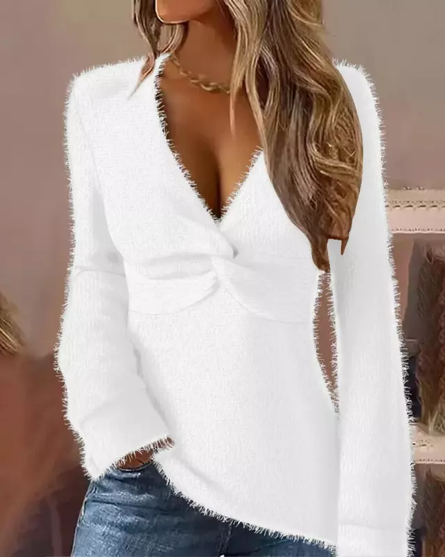 V Neck Women Full Sleeve Pullovers Solid Loose Casual Regular Sweaters Splice Knitted Tops Warm Pleated Autumn Winter 2023