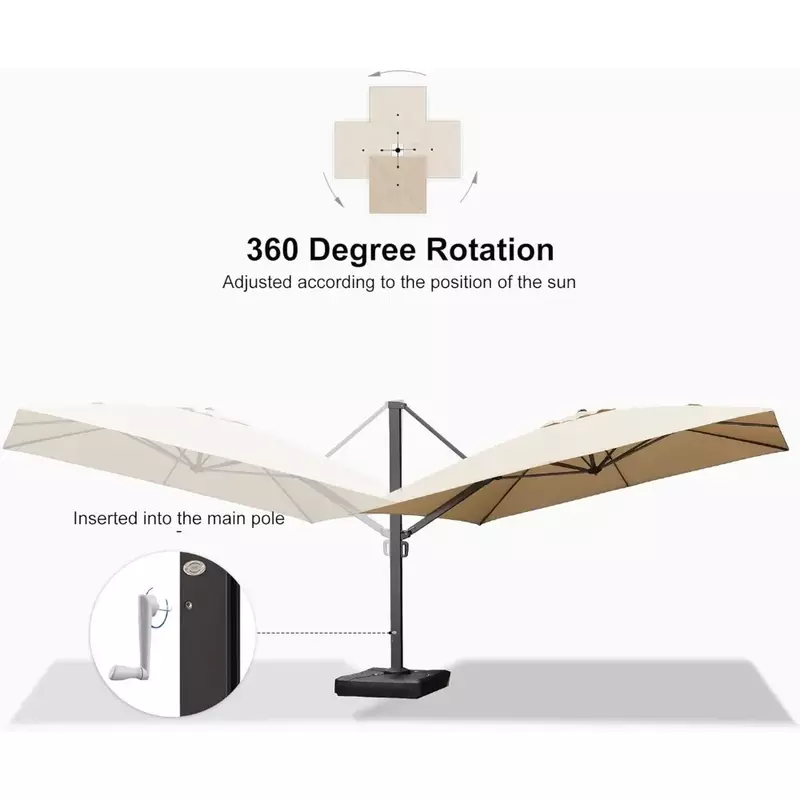 Payung persegi panjang payung Offset aluminium luar ruangan besar dengan payung teras krem kantilever rotasi 360 derajat
