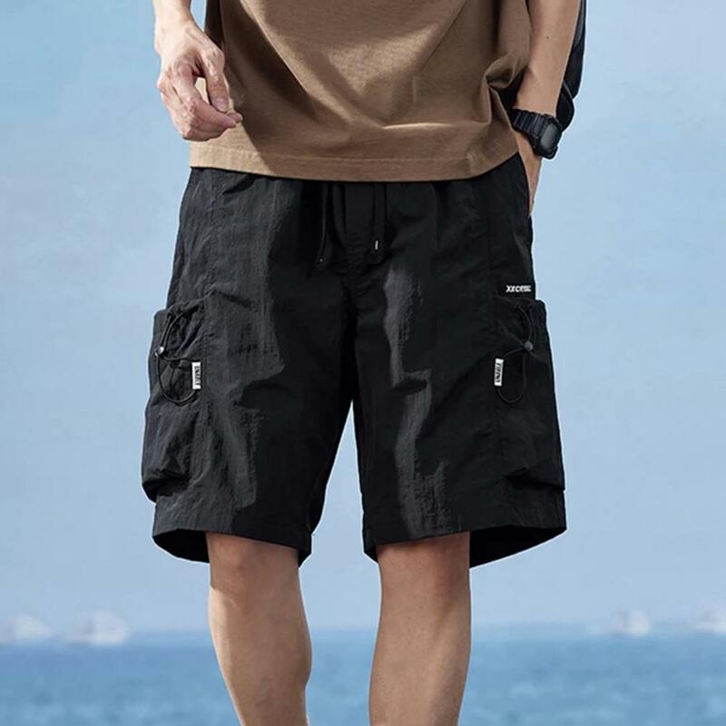 Men Elastic Waist Shorts Men's Drawstring Cargo Shorts with Elastic Waist Multi Pockets Quick-drying Fabric for Sports Fitness