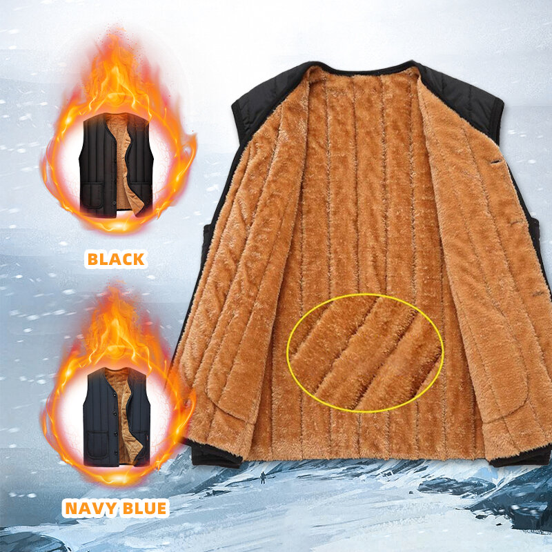 Zwart Wintervest Voor Heren Van Middelbare Leeftijd Casual Hoodless Vest Plus Fluwelen Verdikte Warm Vest Met Koude Bescherming Gevoerde Papa-Kleding
