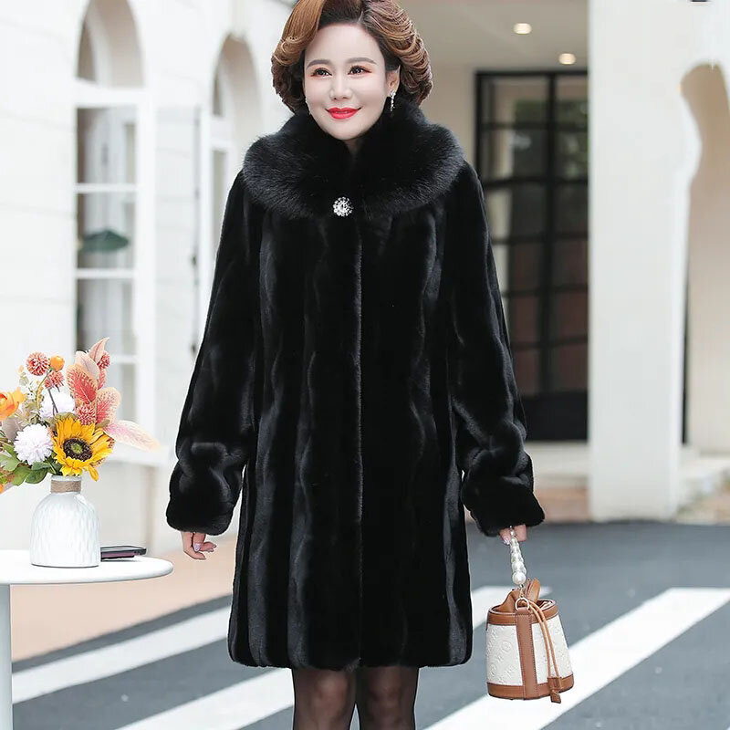 중년 여성 모조 모피 코트, 두꺼운 따뜻한 겨울 패딩 재킷, 캐주얼 롱 스노우 세이블 파커 오버코트, 5XL, 신상