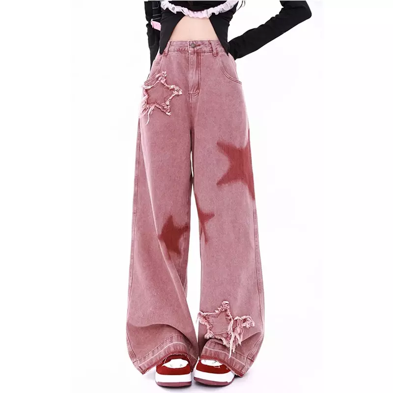 Calça jeans de perna larga rosa feminina, estampada em letras, cintura alta, rua americana, moda hip-hop, calça reta retrô Y2K, inverno