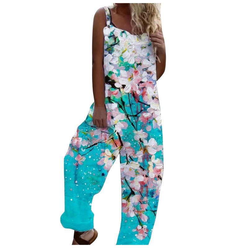Women's European and American summer new bamboo knot cotton printed long wide leg jumpsuit