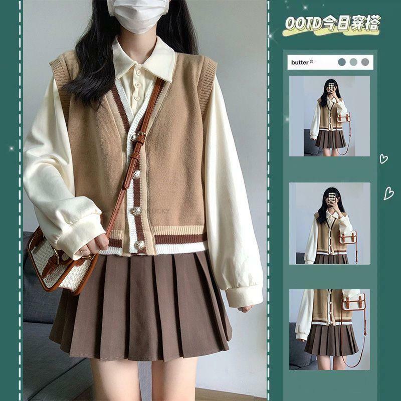 Autumn Korea Style Suit Women Shirt Vest Top Japanese Style Uniform College Style Improved Daily School Uniform Jk Uniform Set