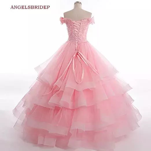 Schulter freie rosa Quince anera Kleider Mode Applique Tüll Vestidos de 15 Anos Maskerade Prinzessin Party kleider