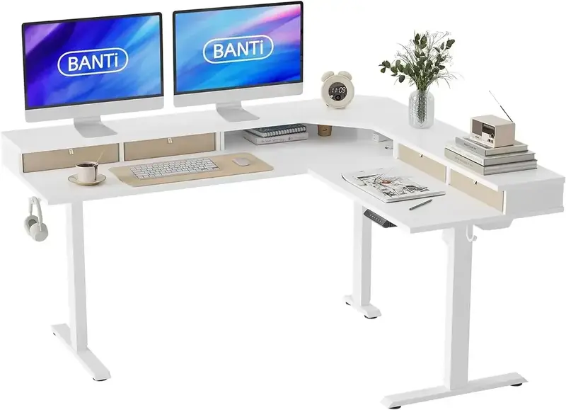 โต๊ะพับได้ไฟฟ้ารูปตัว L ขนาด63นิ้วโต๊ะยืนปรับความสูงได้พร้อมลิ้นชัก3อันโต๊ะวางเข้ามุมด้านบนสีขาว
