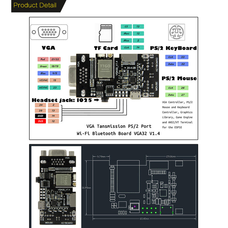 TTGO VGA VGA32 ESP32 PSRAM 모듈 V1.4 컨트롤러 PS/2 마우스 키보드 그래픽 라이브러리 게임 엔진 및 ANSI/VT 터미널