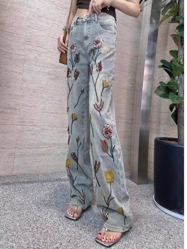 Women's 2024 Spring Summer New Jeans Fashion Embroidery Flower Versatile Straight Mopping Wide-Leg Pants Pocket Denim Trousers