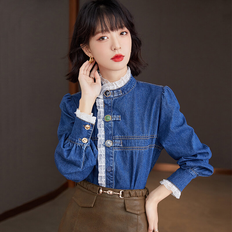 Cowboy coreano moda mulher blusas 2022 mangas compridas azul escritório wear feminino camisa formal camisas para mujer topos