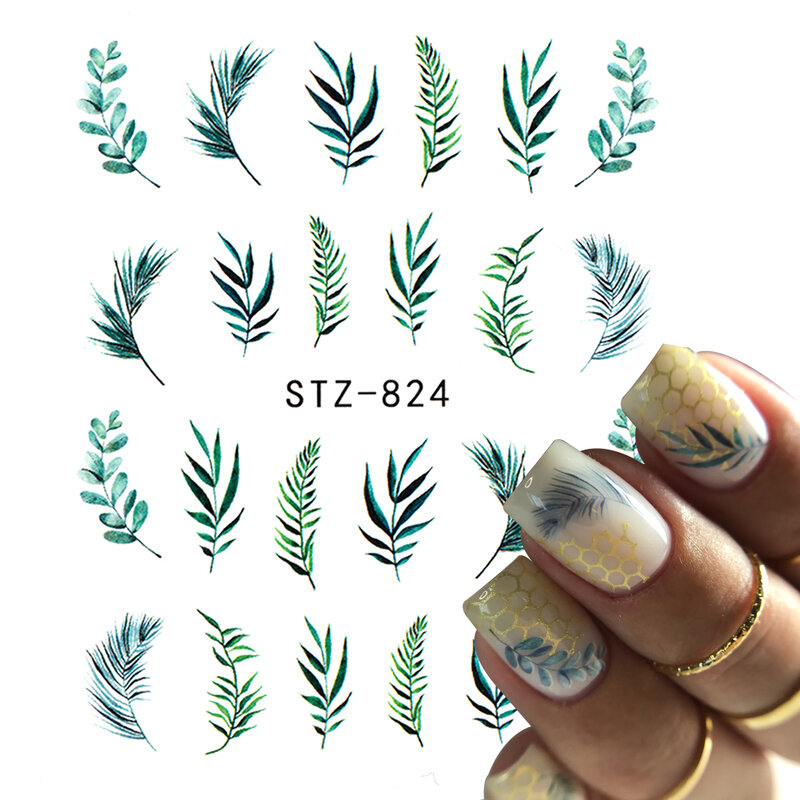 1/4 sztuk prosty zielony motyw wodna naklejka na paznokcie naklejki lato DIY suwak do manicure kwiat akwarelowy liść Nail Art Watermark