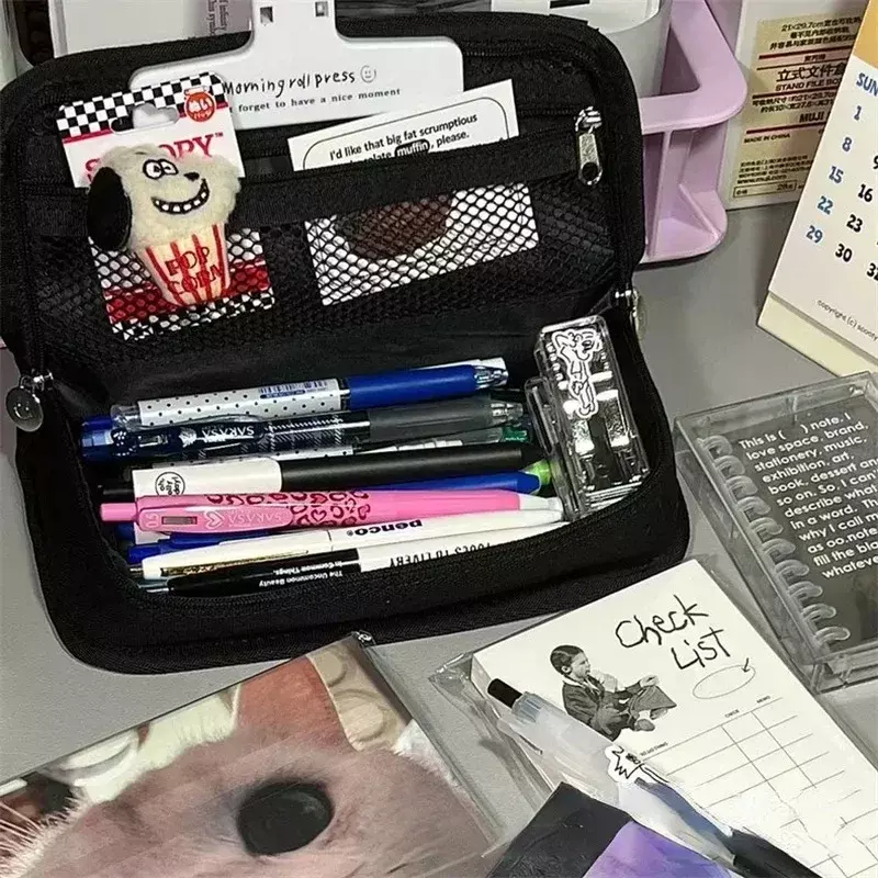 กระเป๋าใส่ดินสอลายตารางหมากรุกแบบเรียบง่ายกระเป๋าใส่เครื่องเขียนผ้าใบนักเรียนแบบอเนกประสงค์