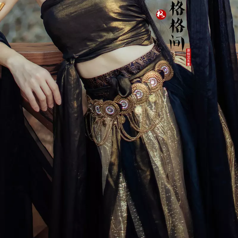 GeGeWu 9 PCS Dunhuang Style Tang Hanfu Dress Set Multi Accessories Ancient Chinese Theme Black Gilding Luxurious Stage Outfits