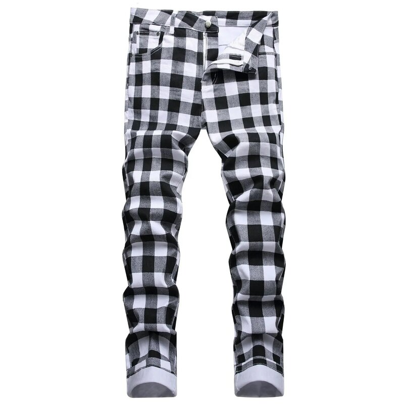 Y2K Streetwear jesienna nowa moda męskie czarne białe w kratę drukowana dżinsy w stylu Harajuku przyczynowa rozciągliwa spodnie dżinsowe ładunkowa Ropa De Hombres
