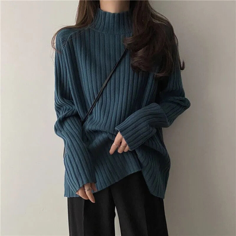 Женский вязаный свитер с высоким воротником, модный свободный Универсальный пуловер с длинным рукавом, однотонный деловой джемпер, Осень-зима