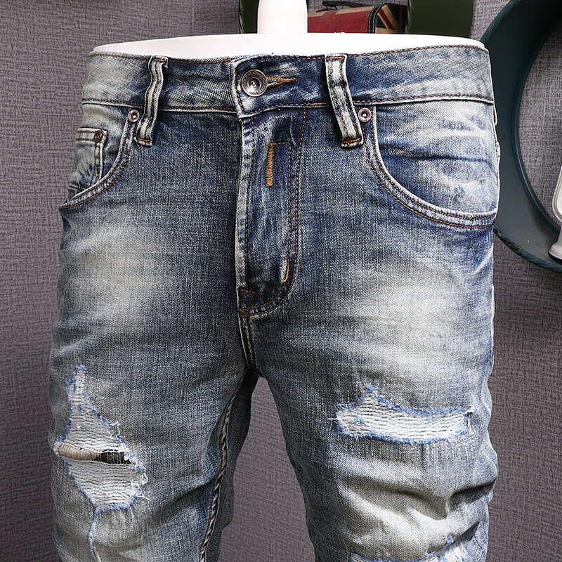 Novo designer de moda jeans retro azul elástico fino ajuste destruído buraco rasgado jeans masculino remendado calças jeans vintage hombre